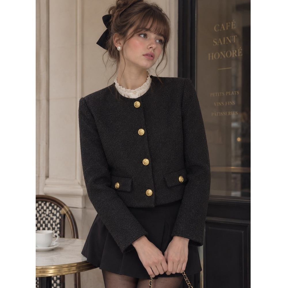 Cropped Tweed Jacket Womens S Black Gold Button Blazer Parisian Chic Classic
